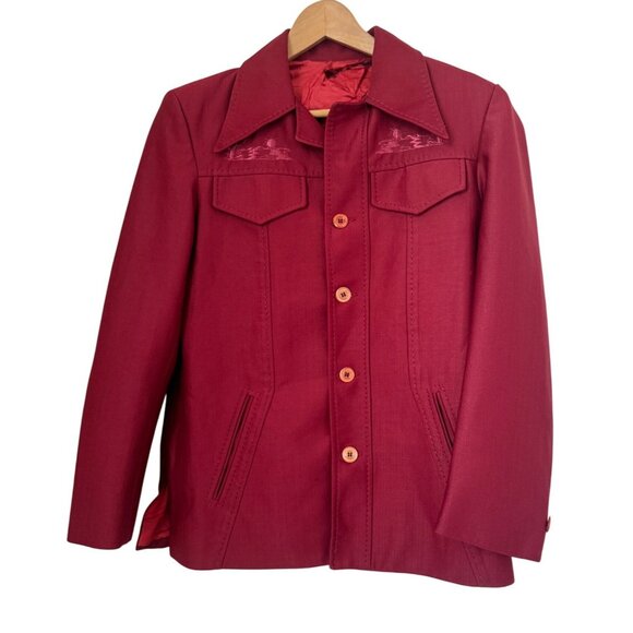 Vintage GHIA Red Button-Up Men's Western Blazer Embroidered Desert Sunset Sz 36 - Picture 1 of 9